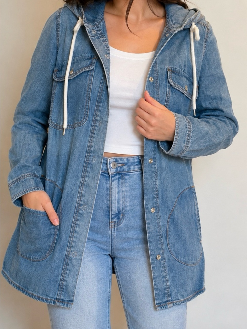 Denim Hooded Long Jacket Cotton - Light Blue Size M